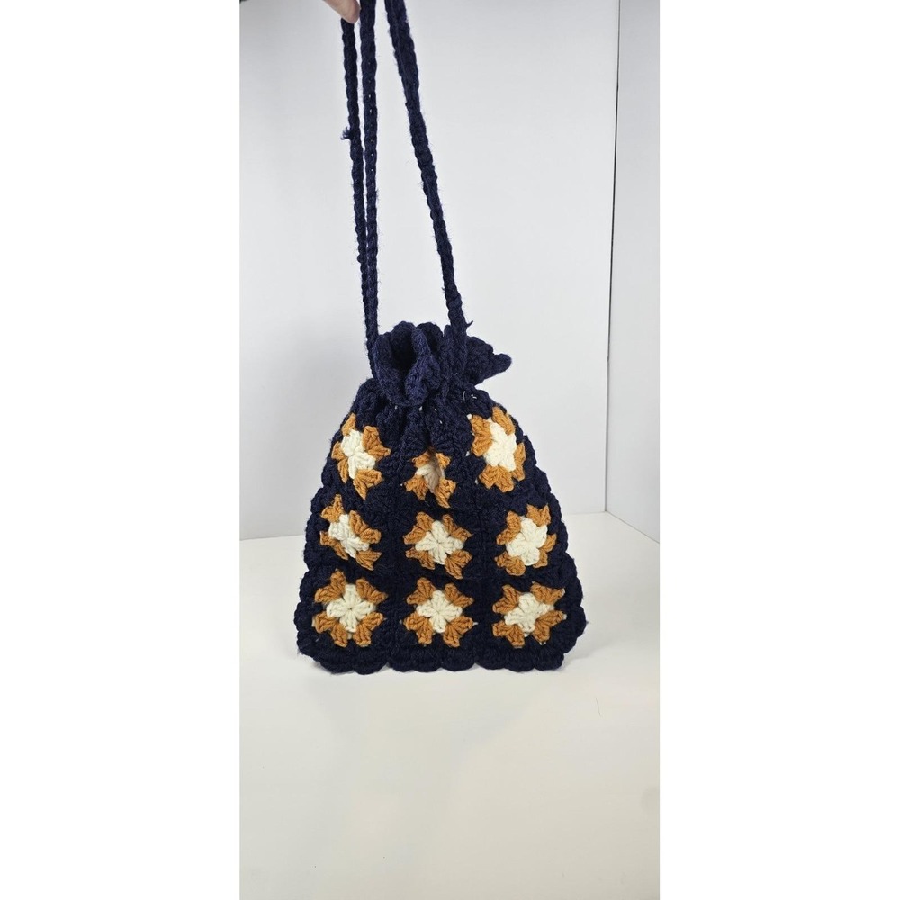 Hand Crocheted Drawstring Bag Granny Square Navy Blue Orange Lined Tote‎
